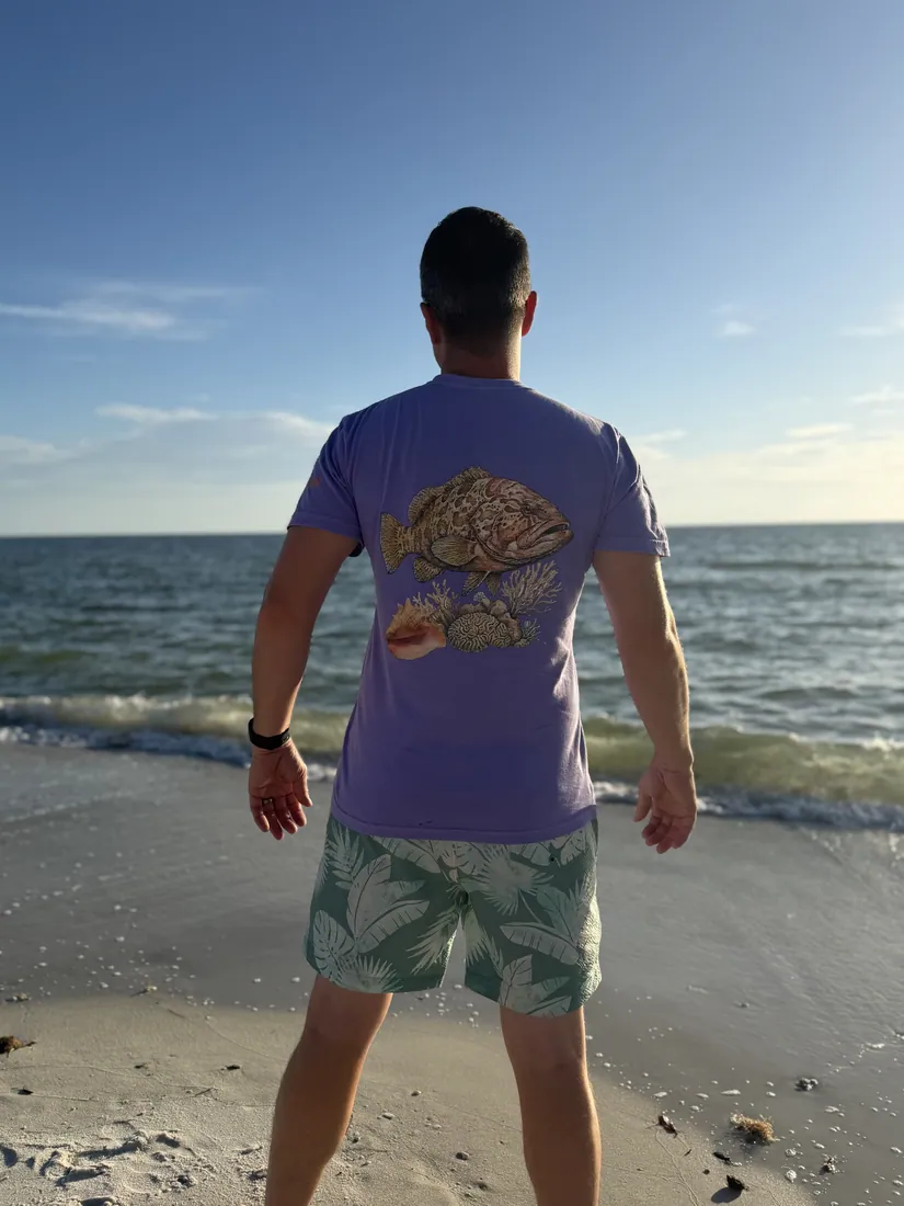 Wearing the gamefish back graphic at the shoreline