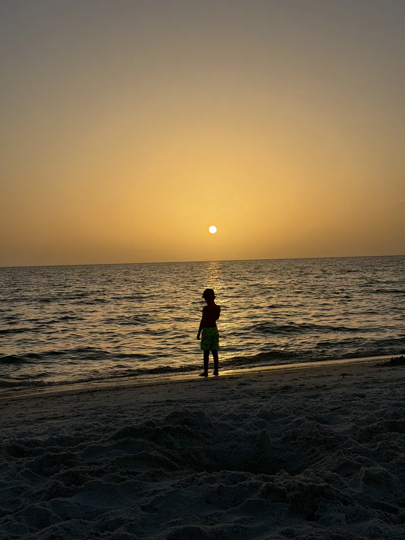 A figure against the sunset at the water's edge